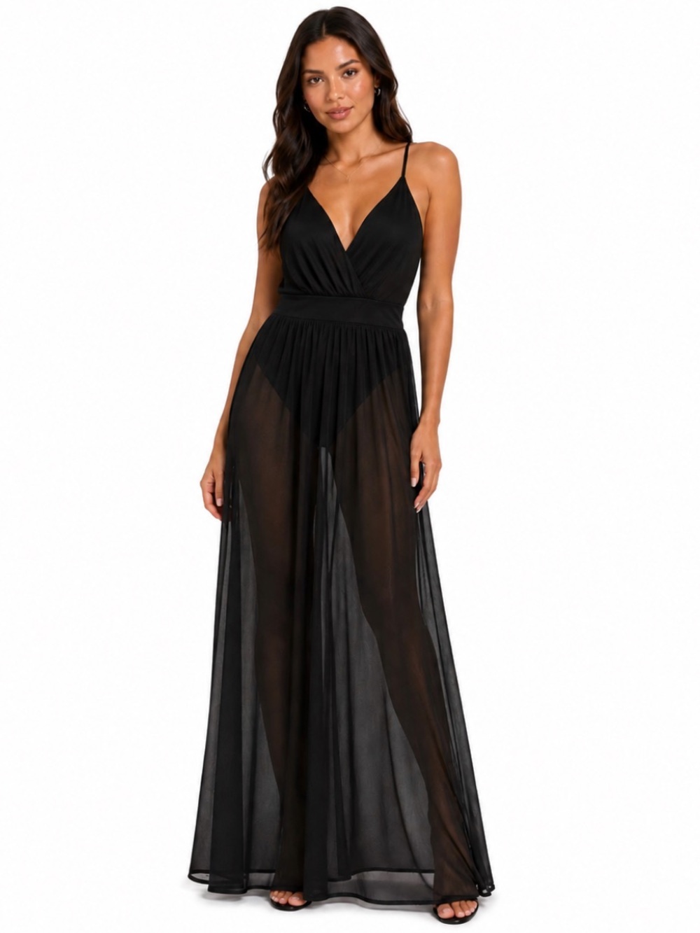 Fashion Nova Sheer Mesh Maxi Dress Bodysuit Black Plunge Strappy Back Size S”